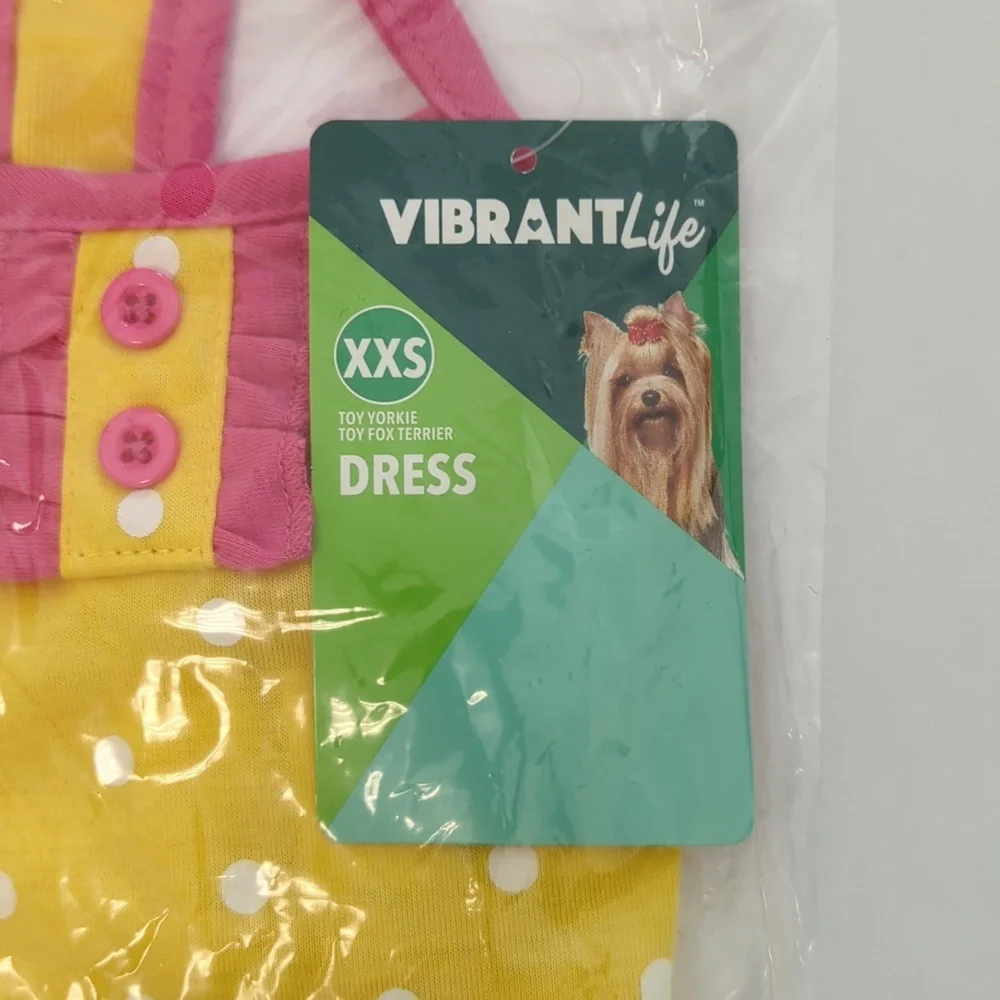 🌻 Vibrant Life Yellow Pink White Polka Dot Toy Yorkie Size Dog Dress XXS